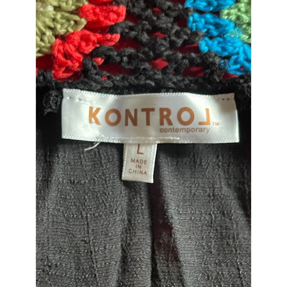 Vintage Crocheted Granny Square Black Long Vest w/Fringe Size Large by Kontrol - Picture 3 of 5